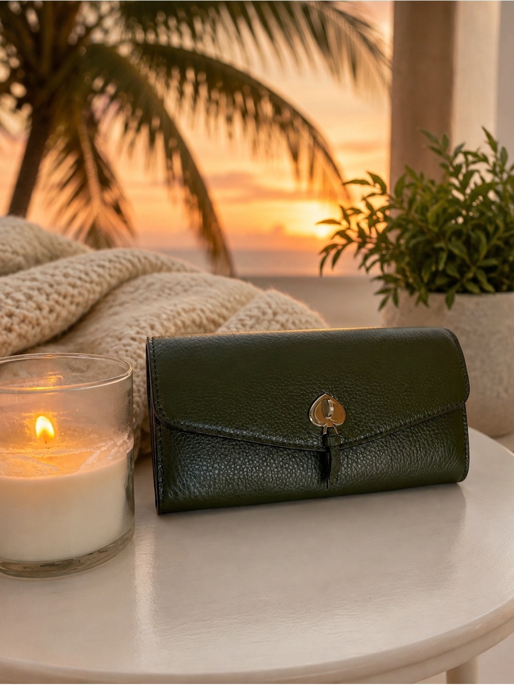 kate spade Olive Green Pebbled Leather Mini Wallet with Gold Hardware
